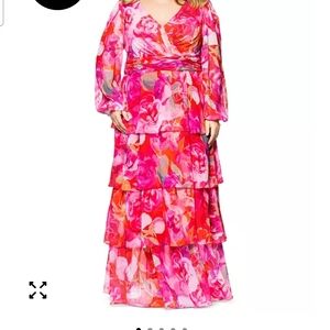 Xscape Vibrant Pink Floral Long Sleeve Dress